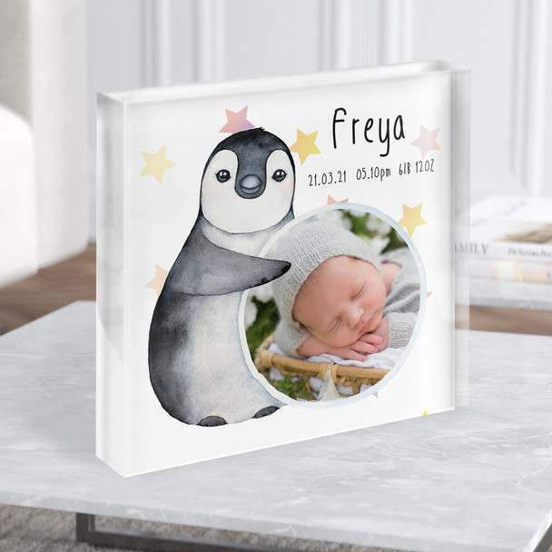 New Baby Birth Details Christening Nursery Penguin Photo Square Acrylic Block