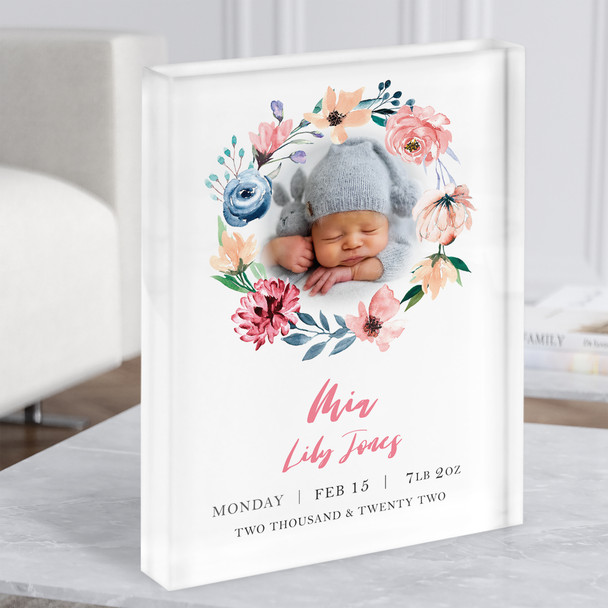 New Baby Birth Details Nursery Christening Floral Photo Frame Gift Acrylic Block