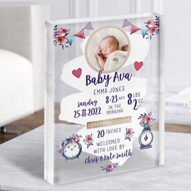 New Baby Birth Nursery Christening Girl Floral Photo Keepsake Gift Acrylic Block