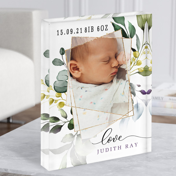New Baby Birth Details Christening Nursery Gold Leaves Photo Gift Acrylic Block
