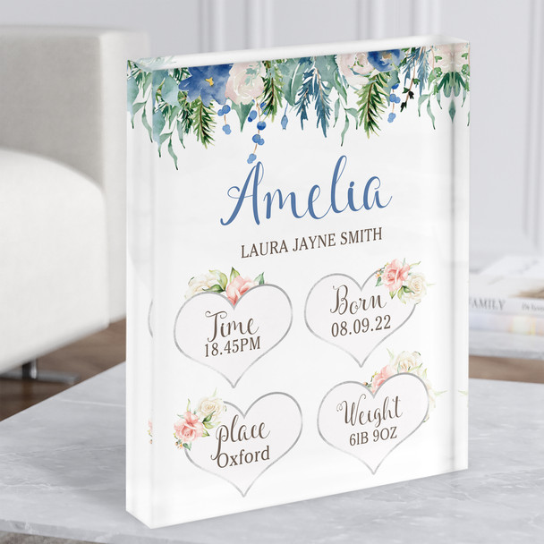 New Baby Birth Details Christening Nursery Blue Pink Floral Gift Acrylic Block