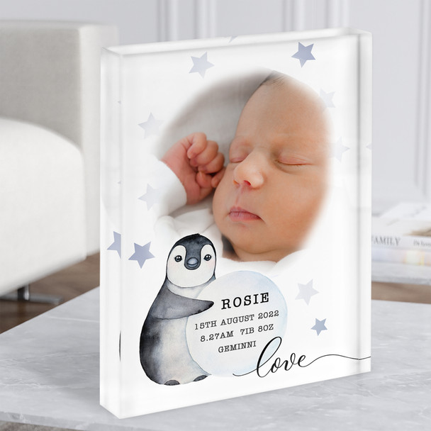Birth Details Nursery New Baby Penguin Stars Photo Acrylic Block