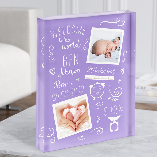 New Baby Birth Details Typographic Doodle 2 Photos Purple Gift Acrylic Block