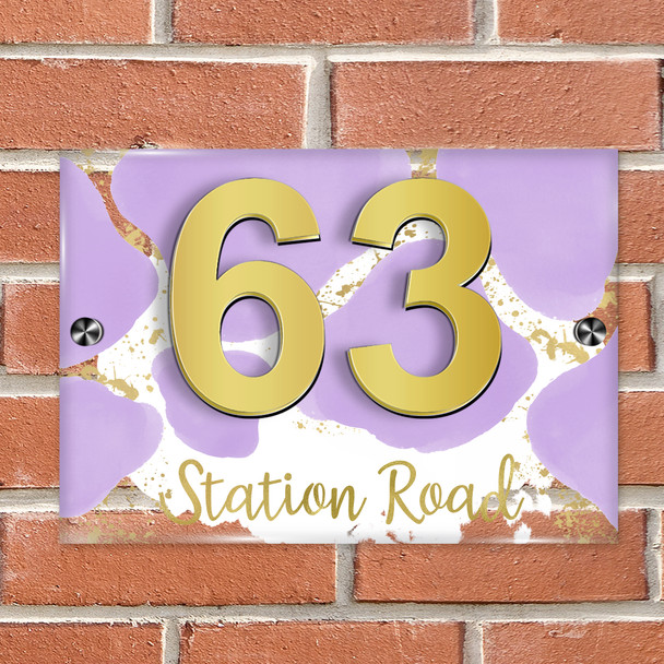 Abstract Gold Splatter Light Lilac Purple Modern Acrylic Door Number House Sign