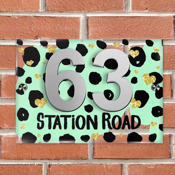 Dalmatian Print Gold Heart Mint Green 3D Modern Acrylic Door Number House Sign