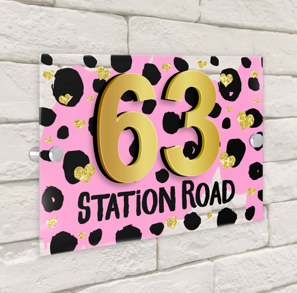 Dalmatian Print Gold Heart Baby Pink 3D Modern Acrylic Door Number House Sign