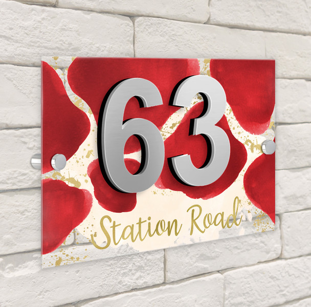 Abstract Gold Splatter Deep Wine Red 3D Modern Acrylic Door Number House Sign