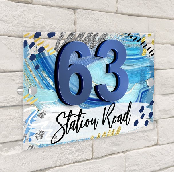 Painted Effect Marble Abstract Blue 3D Modern Acrylic Door Number House Sign