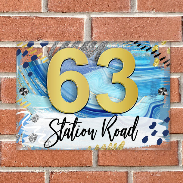 Painted Effect Marble Abstract Blue 3D Modern Acrylic Door Number House Sign
