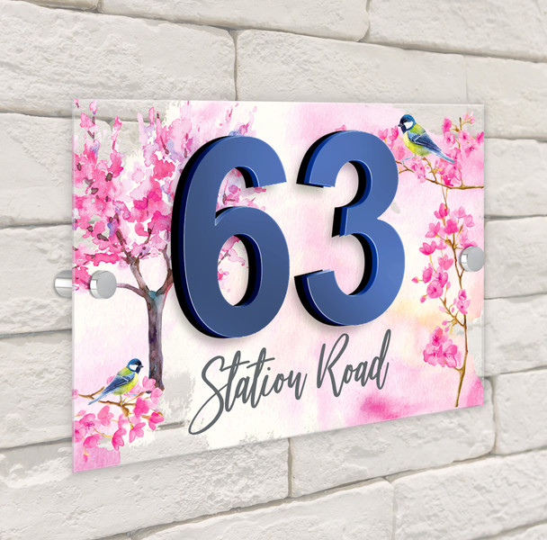 Blossom Cherry Tree Pink Blue Bird 3D Modern Acrylic Door Number House Sign