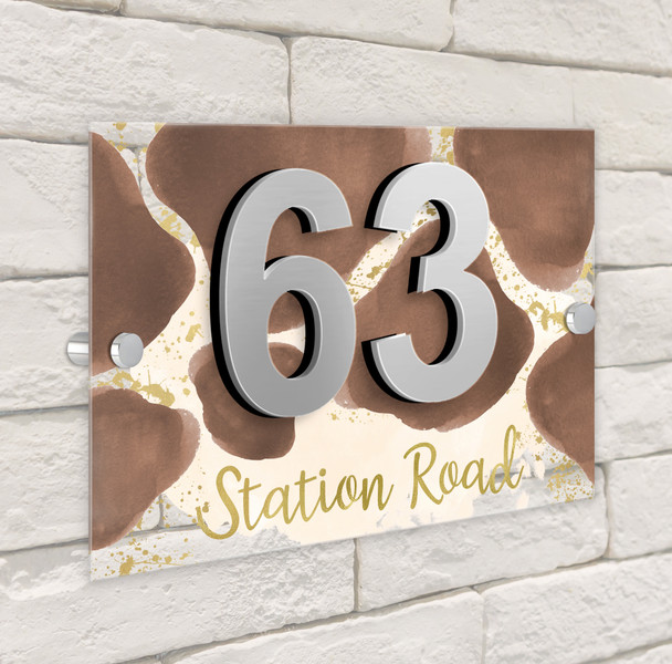 Abstract Gold Splatter Mocha Brown 3D Modern Acrylic Door Number House Sign