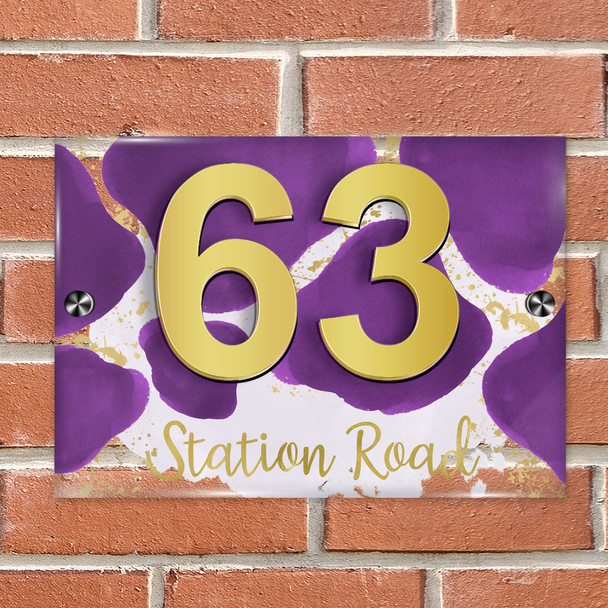 Abstract Gold Splatter Deep Purple 3D Modern Acrylic Door Number House Sign