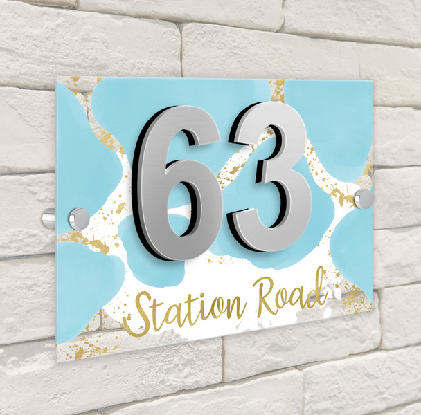 Abstract Gold Splatter Light Blue 3D Modern Acrylic Door Number House Sign