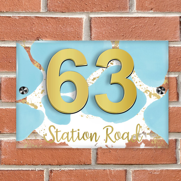 Abstract Gold Splatter Light Blue 3D Modern Acrylic Door Number House Sign