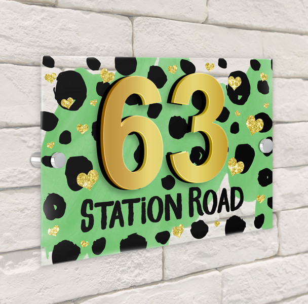 Dalmatian Print Gold Heart Green 3D Modern Acrylic Door Number House Sign