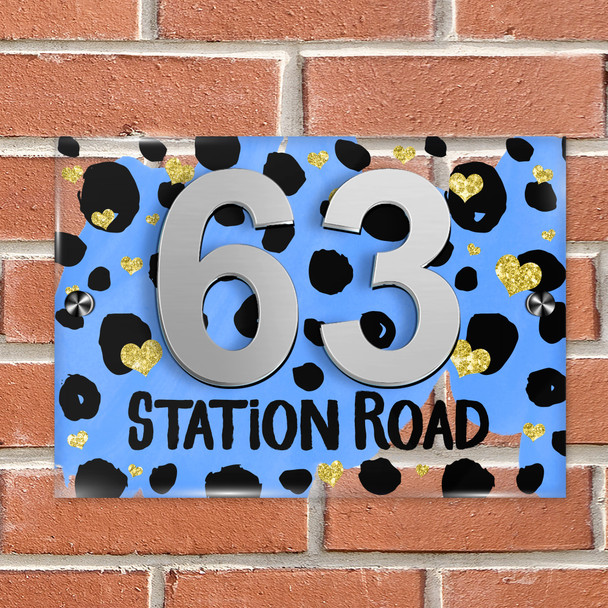 Dalmatian Print Gold Heart Blue 3D Modern Acrylic Door Number House Sign