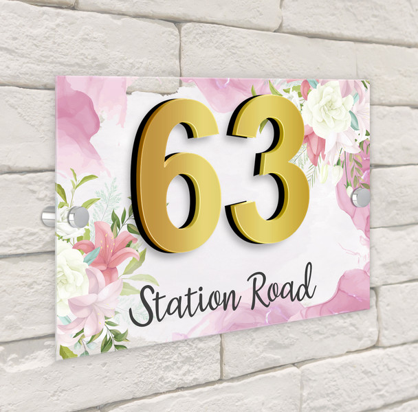 Floral Pink Flowers Nature Chic 3D Modern Acrylic Door Number House Sign
