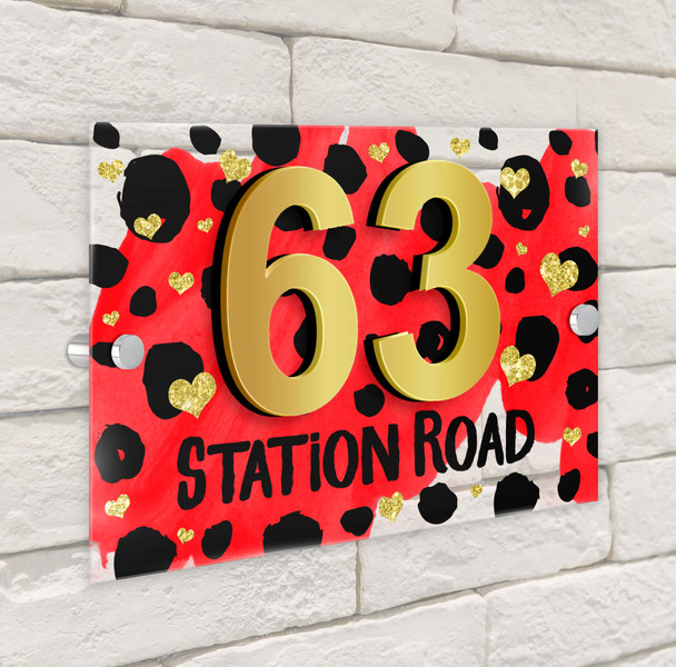 Dalmatian Print Gold Heart Red 3D Modern Acrylic Door Number House Sign