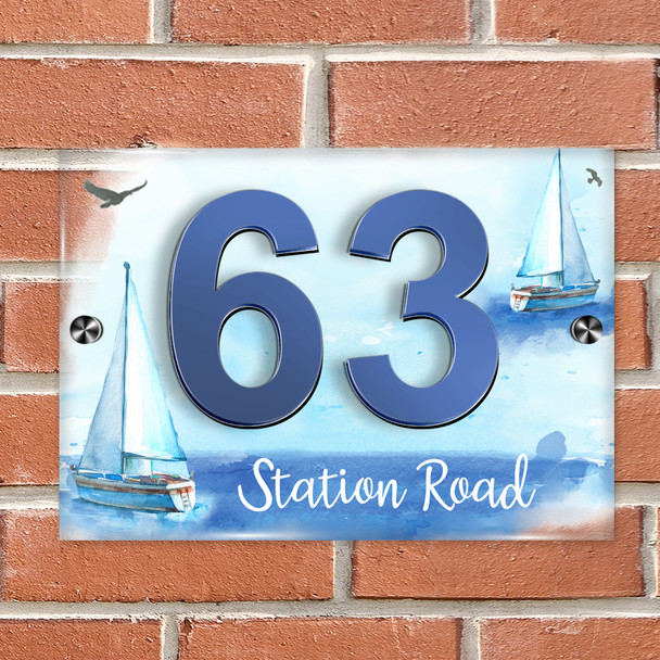 Boat Sailboat Coastal Sea Blue 3D Modern Acrylic Door Number House Sign