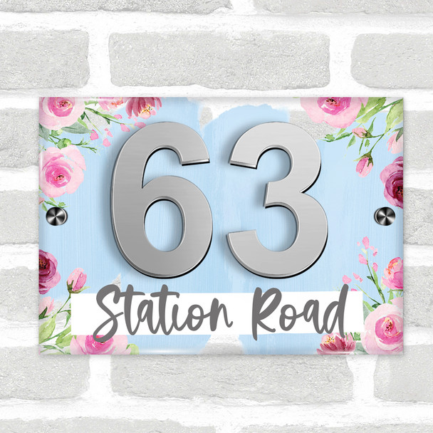 Flowers Pink Floral Blue Wash 3D Modern Acrylic Door Number House Sign