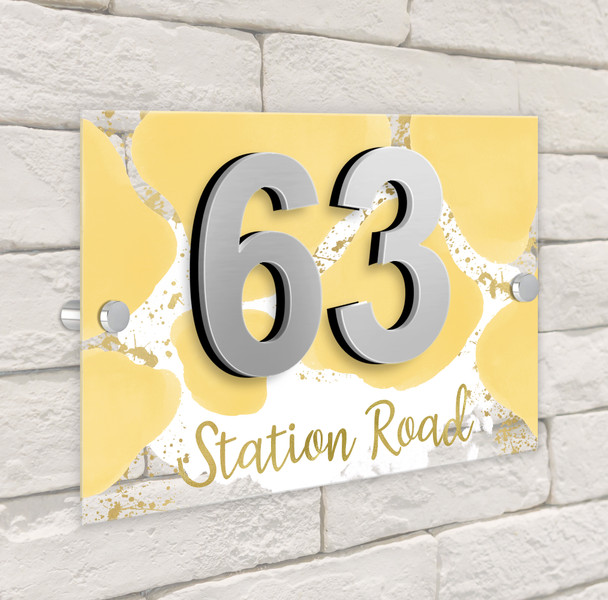 Abstract Gold Splatter Yellow 3D Modern Acrylic Door Number House Sign