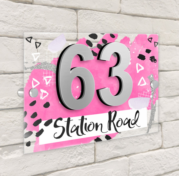 Abstract Scrapbook Fun Pink 3D Modern Acrylic Door Number House Sign