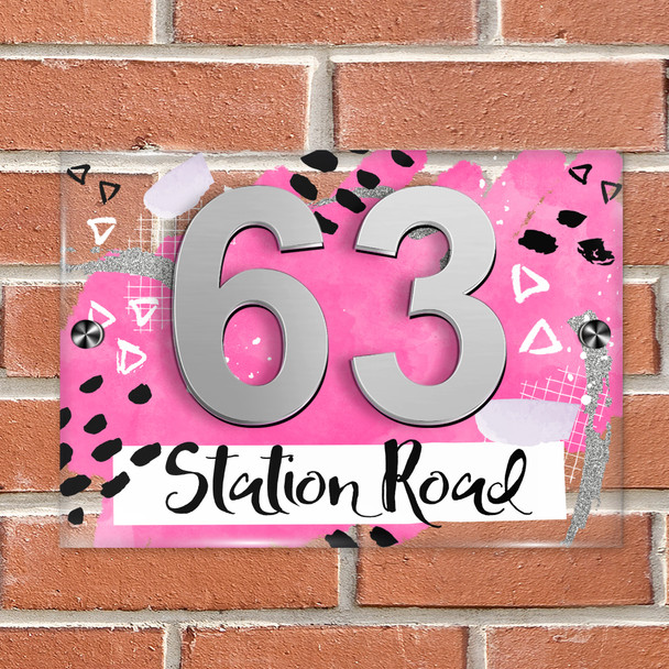 Abstract Scrapbook Fun Pink 3D Modern Acrylic Door Number House Sign