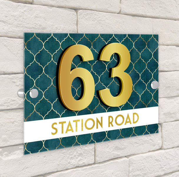 Gold Art Deco Green Pattern 3D Modern Acrylic Door Number House Sign
