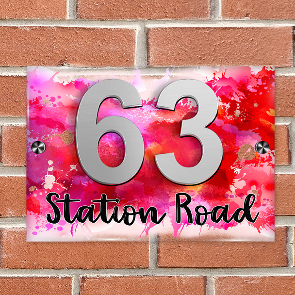 Hot Pink And Red Splatter 3D Modern Acrylic Door Number House Sign