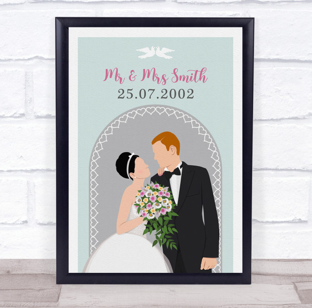 Black Hair Bride & Orange Hair Groom Anniversary Personalised Gift Print