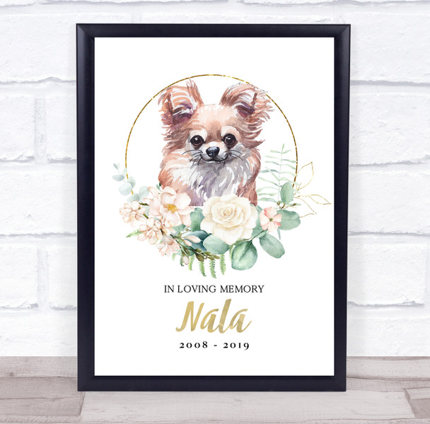 Chihuahua Pet Memorial Peach Gold Floral Wreath Personalised Gift Print