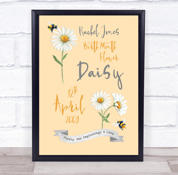 Daisy Bee April Birth Month Flower Yellow Watercolour Personalised Gift Print