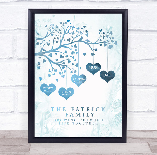 Family Tree Any Name Hearts Vintage Blue Watercolour Personalised Gift Print
