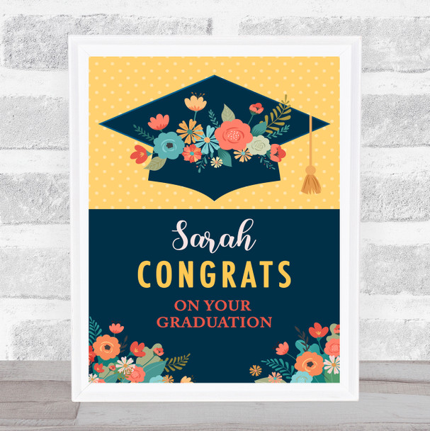 Graduation Hat Pretty Flowers Congrats Navy Yellow Personalised Gift Print