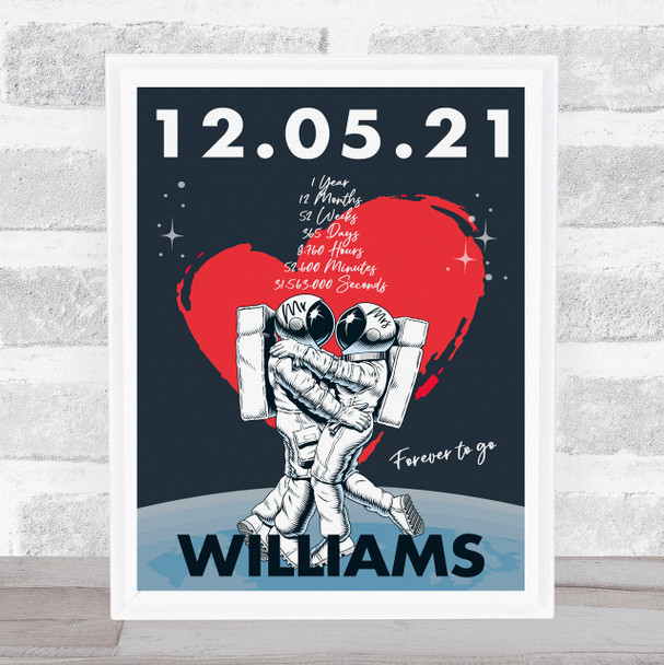 Kissing Astronauts Any Year Anniversary Wedding Date Personalised Gift Print