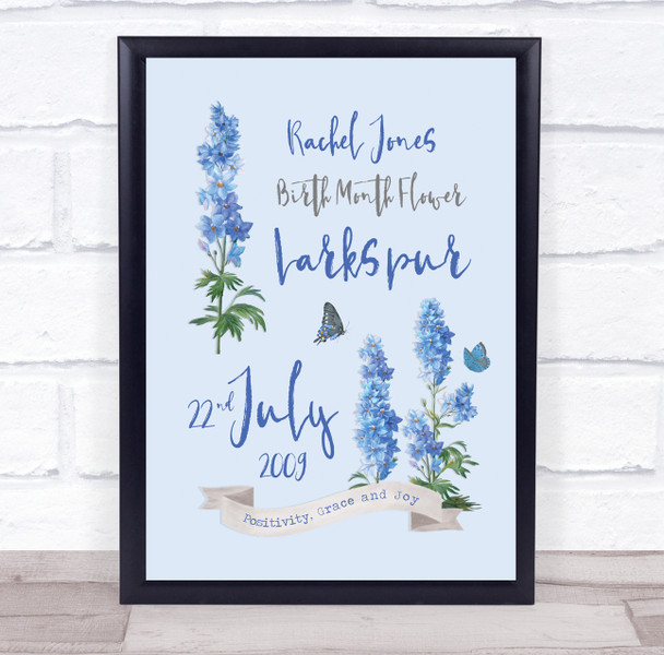 Larkspur July Summer Birthday Flower Blue Watercolour Personalised Gift Print