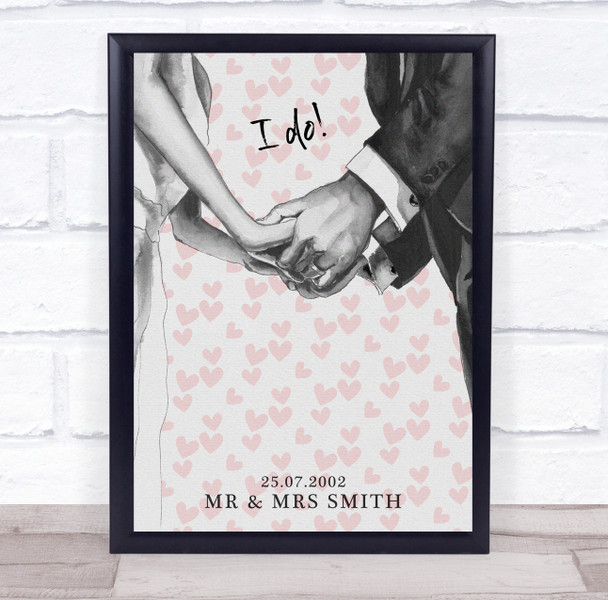 Married I Do Holding Hands Pink Hearts Anniversary Personalised Gift Print