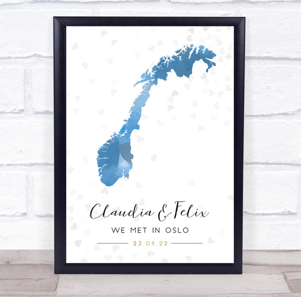 Norway Special Date Watercolour Blue Grey Hearts Personalised Gift Print