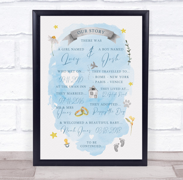 Our Story Family Special Events Couple Watercolour Blue Personalised Gift Print