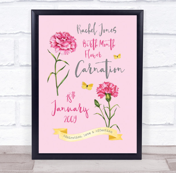 Pink Carnation January Birthday Flower Yellow Butterflies Personalised Print
