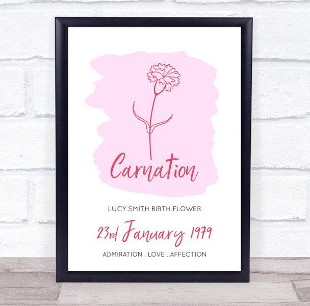 Pink Carnation January Flower Birthday Month Meaning Personalised Gift Print