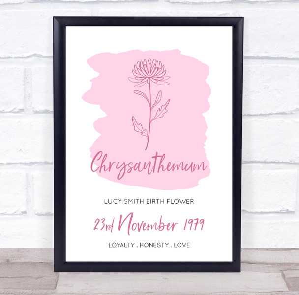 Pink Chrysanthemum November Flower Birthday Meaning Love Personalised Gift Print