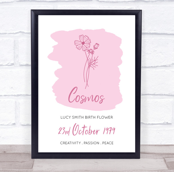 Pink Cosmos October Flower Birthday Meaning Line Art Wash Personalised Print