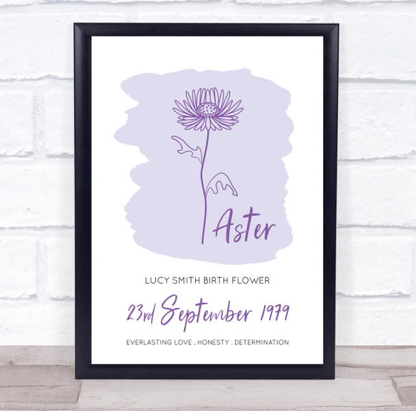 Purple Wash Aster September Flower Birthday Meaning Love Personalised Gift Print