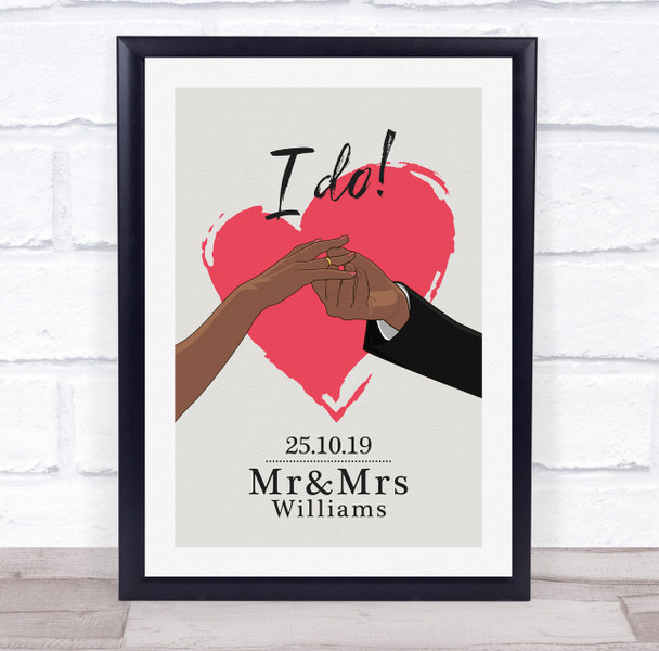Red Heart Dark Skin Wedding Hands Anniversary Date Personalised Gift Print