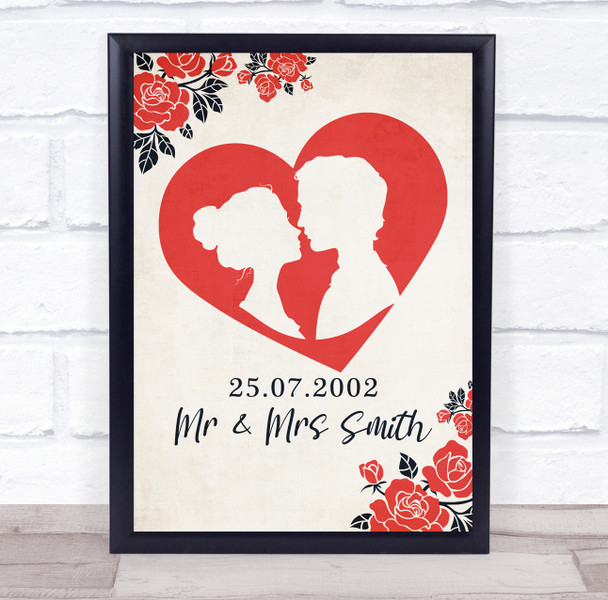 Red Silhouette Of Loving Couple Anniversary Date Personalised Gift Print