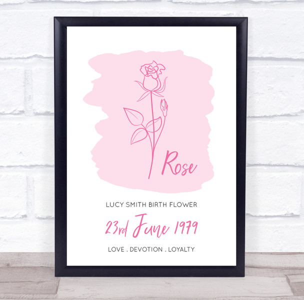 Rose June Flower Month Birthday Line Art Wash Personalised Gift Print