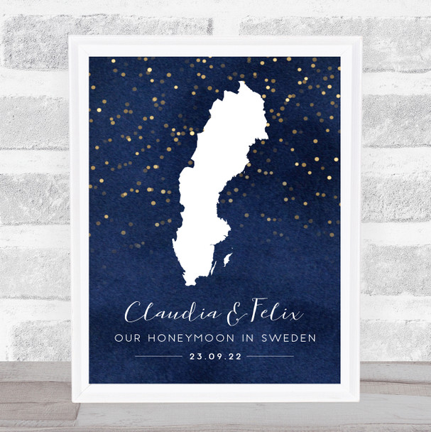 Sweden Special Date Midnight Watercolour Sparkles Personalised Gift Print