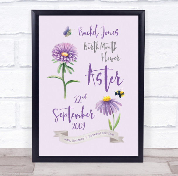 Watercolour Purple Aster September Birthday Month Flower Personalised Gift Print