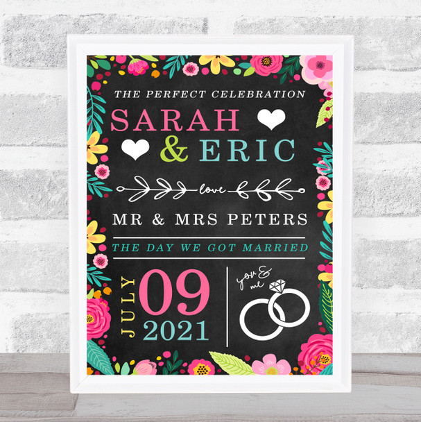 Wedding Black & Bright Floral The Day We Got Married Personalised Gift Print